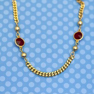 26 inch, Vintage Red Scarlet Gems Gold Tone Curb Chain Necklace - M38